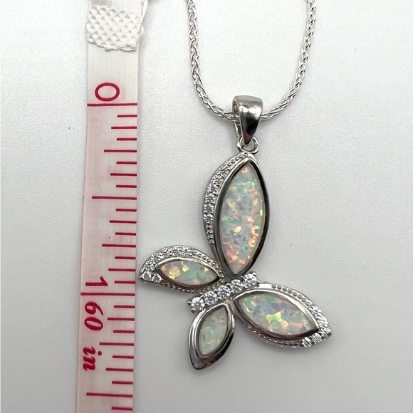 .925 Sterling Silver Lab Created Opal & Cz Butterfly Necklace - Picture 8 of 17
